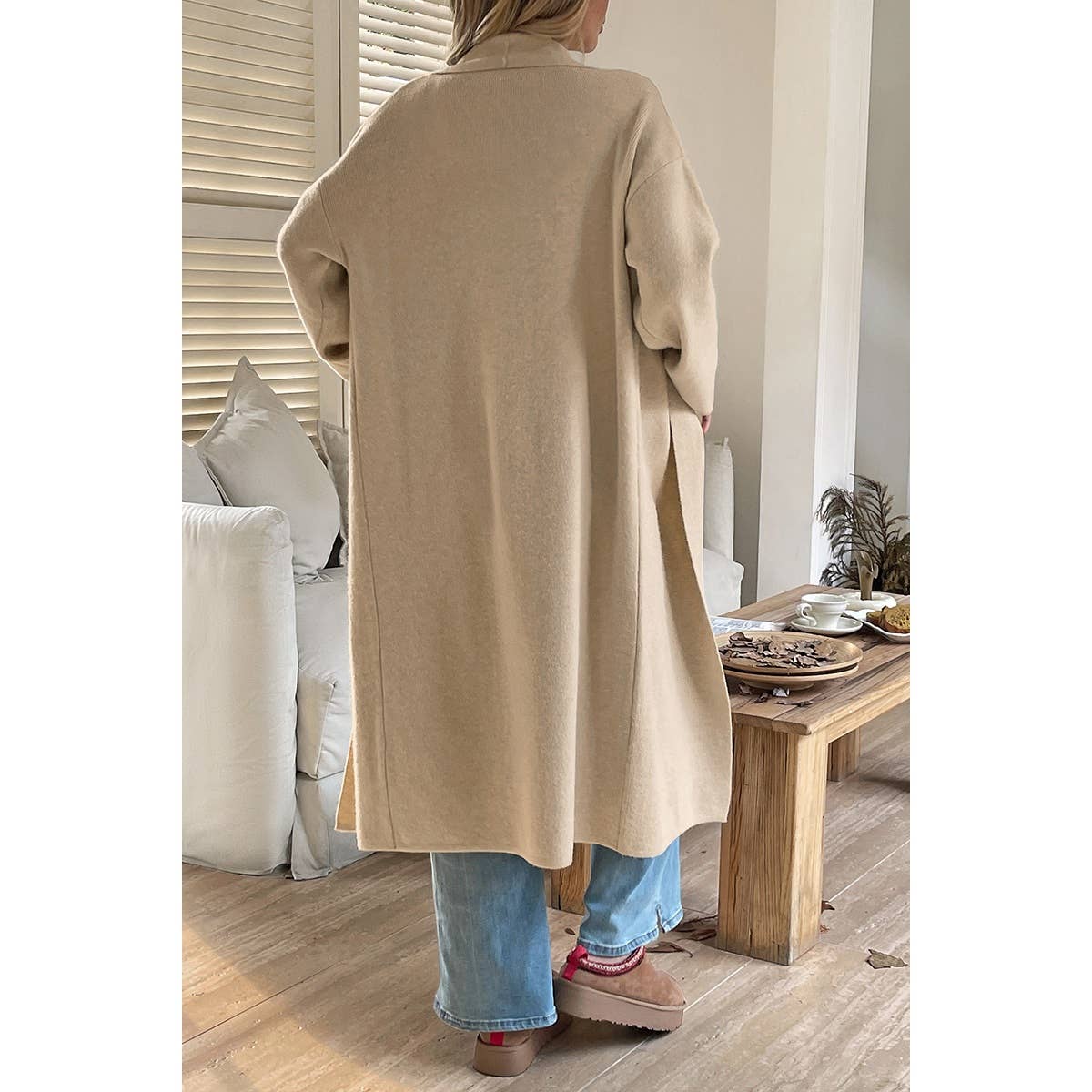 Solid Open Front Knit Long Body Cardigan: BROWN / M