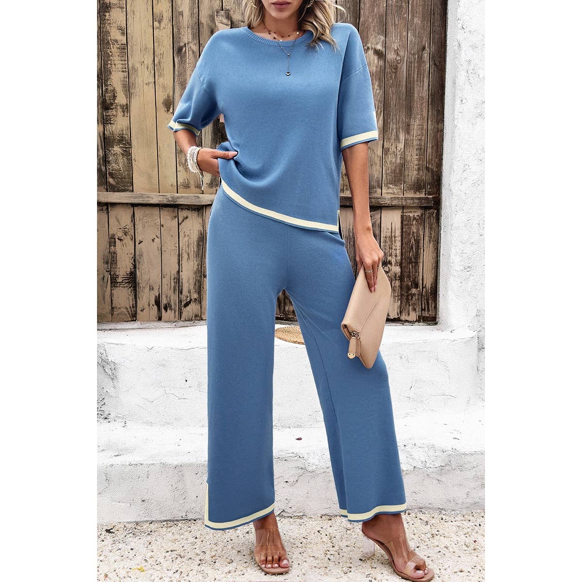 Two Pieces Outfits Knit Short Sleeve Wide Leg Lounge Sets: BLUE / XL