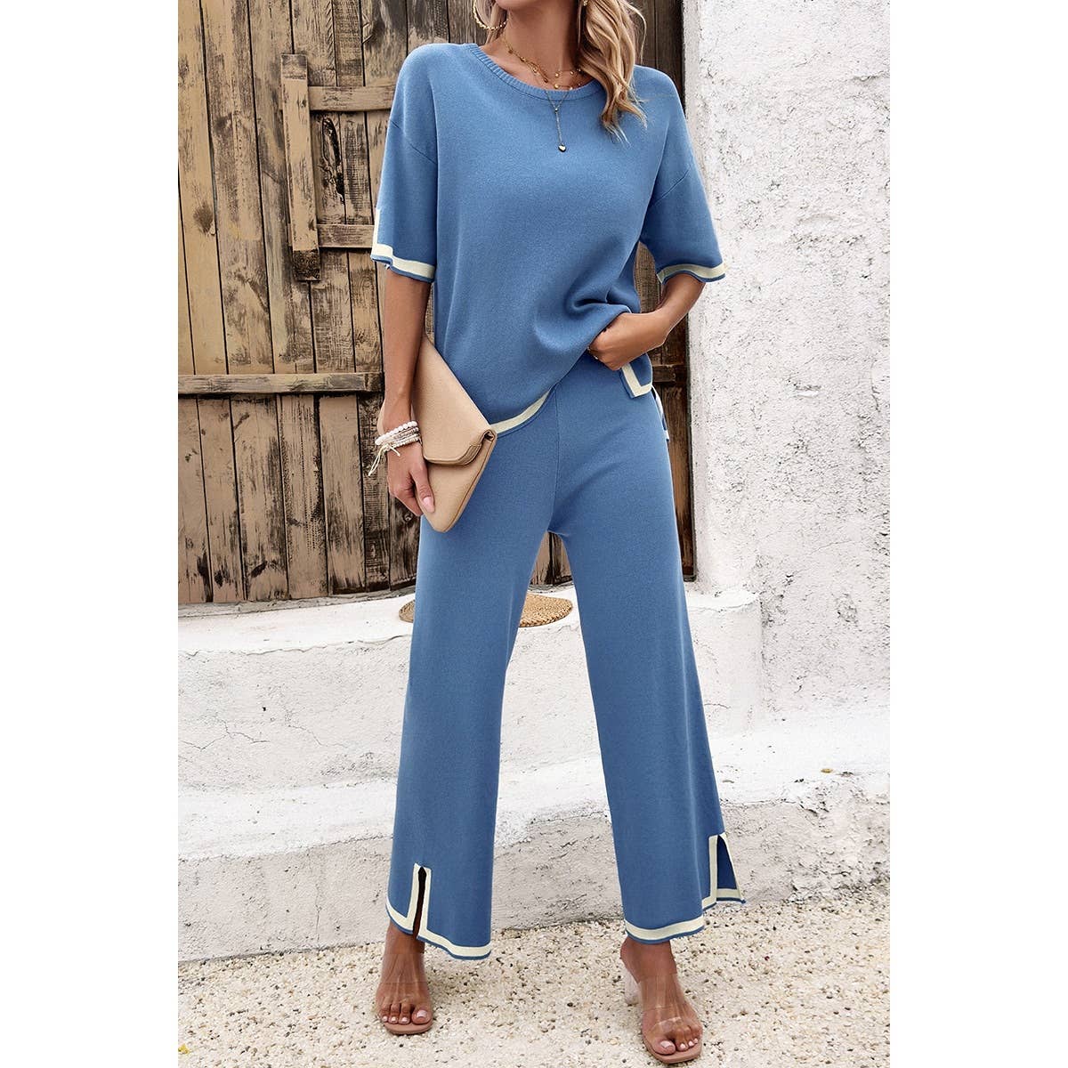Two Pieces Outfits Knit Short Sleeve Wide Leg Lounge Sets: BLUE / S