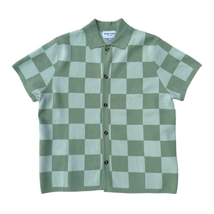 Checkered Knit Jacquard Button Up - Green: M