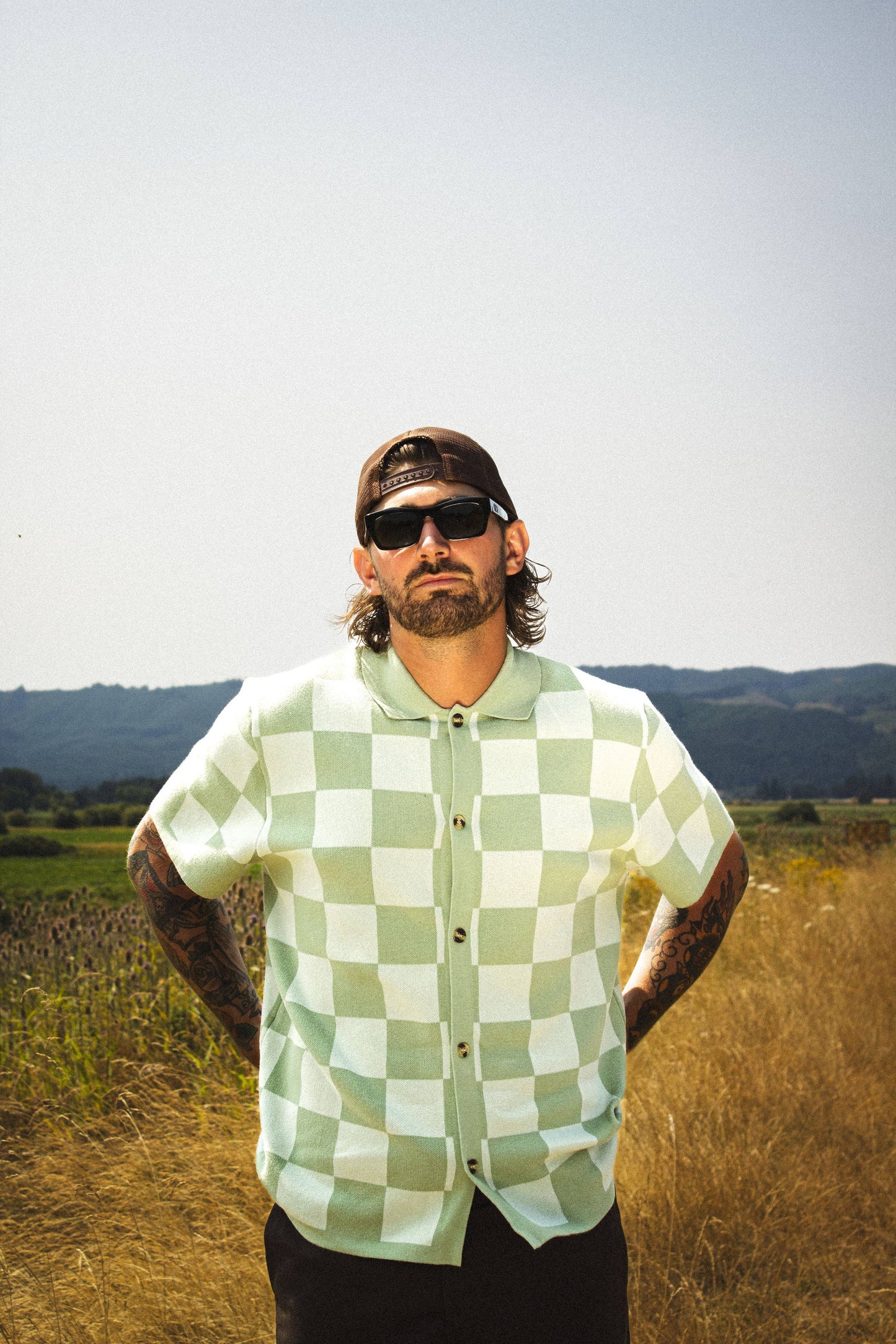 Checkered Knit Jacquard Button Up - Green: L