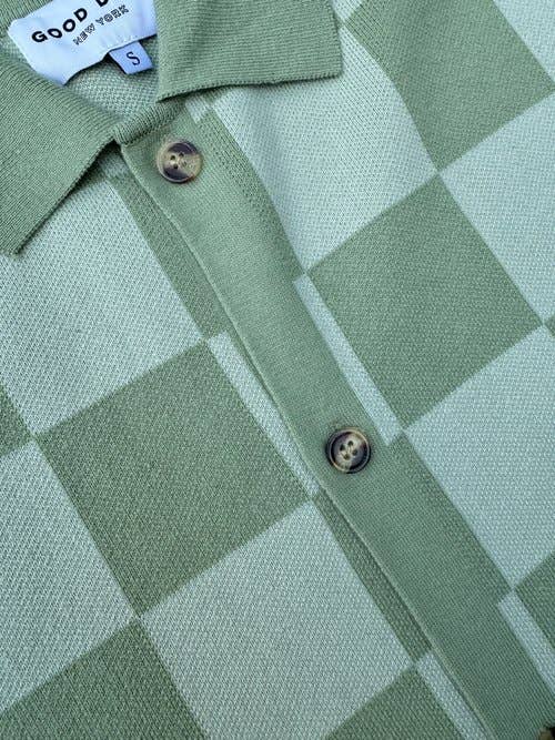 Checkered Knit Jacquard Button Up - Green: L