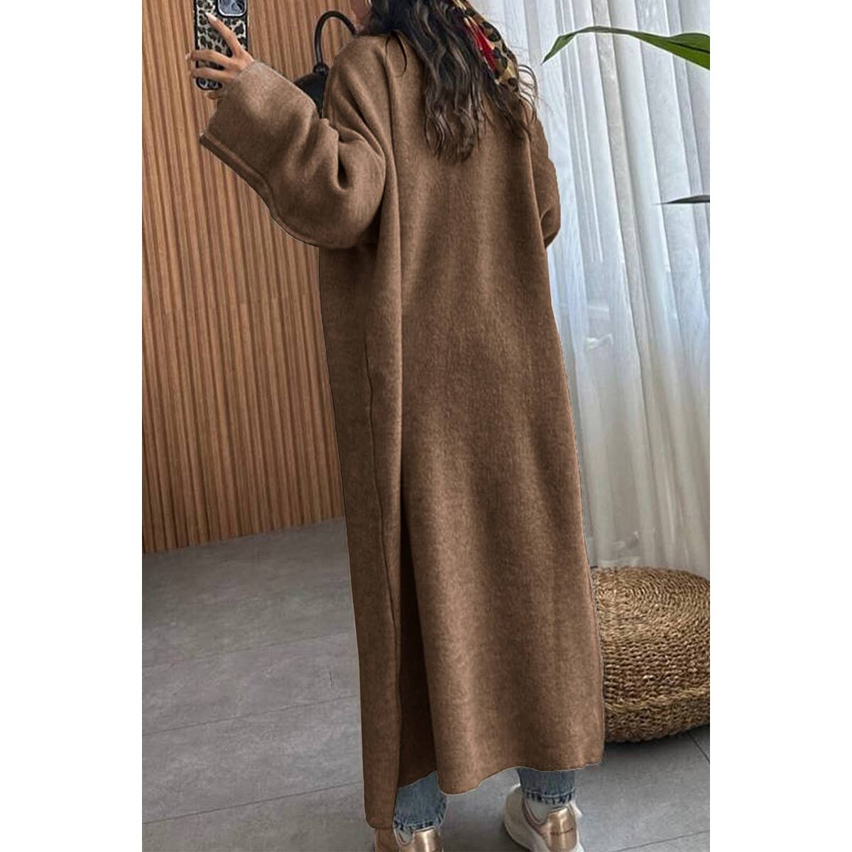 Solid Open Front Knit Long Body Cardigan: BROWN / M