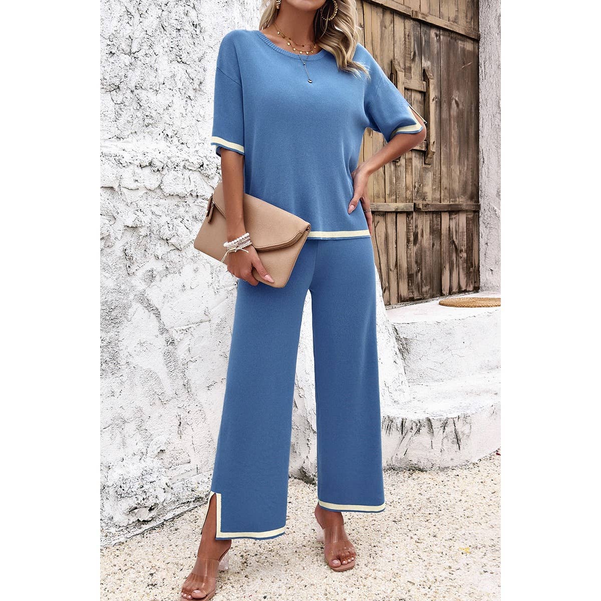 Two Pieces Outfits Knit Short Sleeve Wide Leg Lounge Sets: BLUE / M