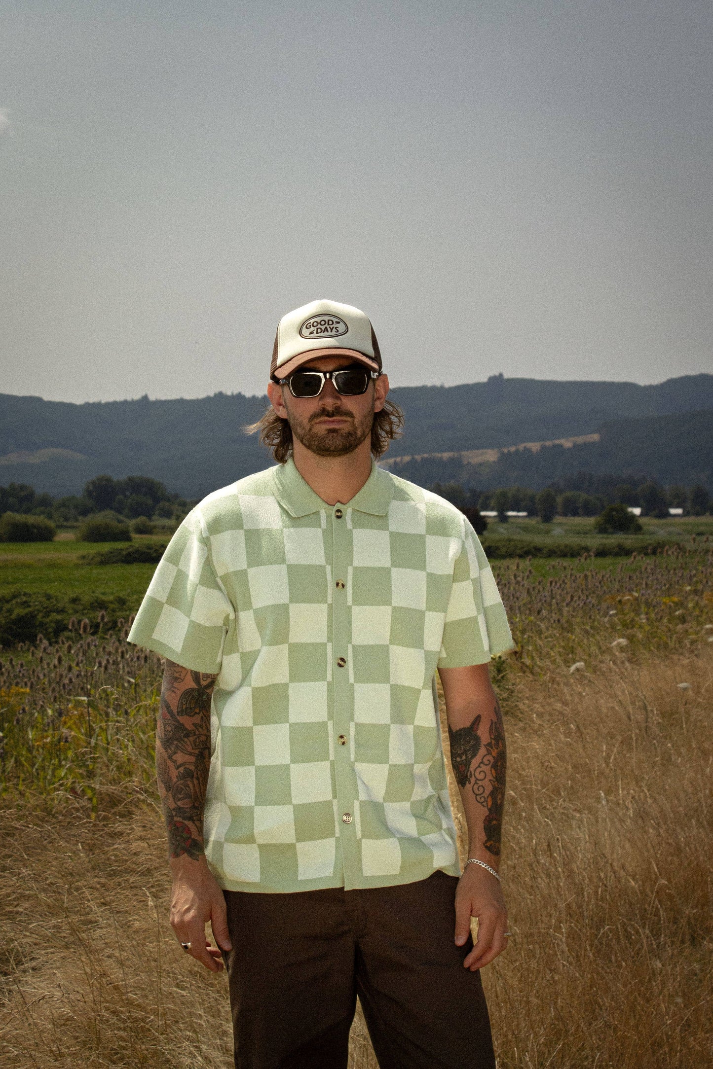 Checkered Knit Jacquard Button Up - Green: L