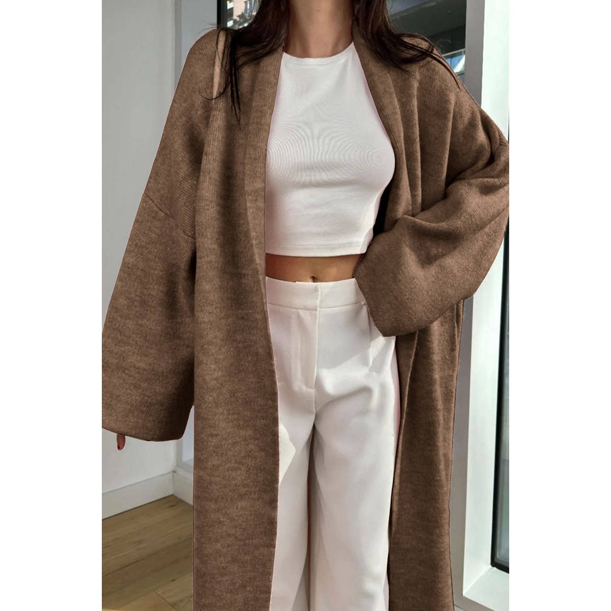 Solid Open Front Knit Long Body Cardigan: BROWN / S
