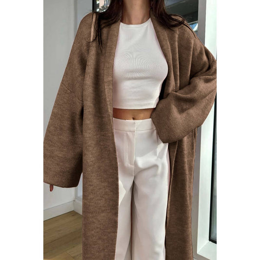 Solid Open Front Knit Long Body Cardigan: BROWN / XL
