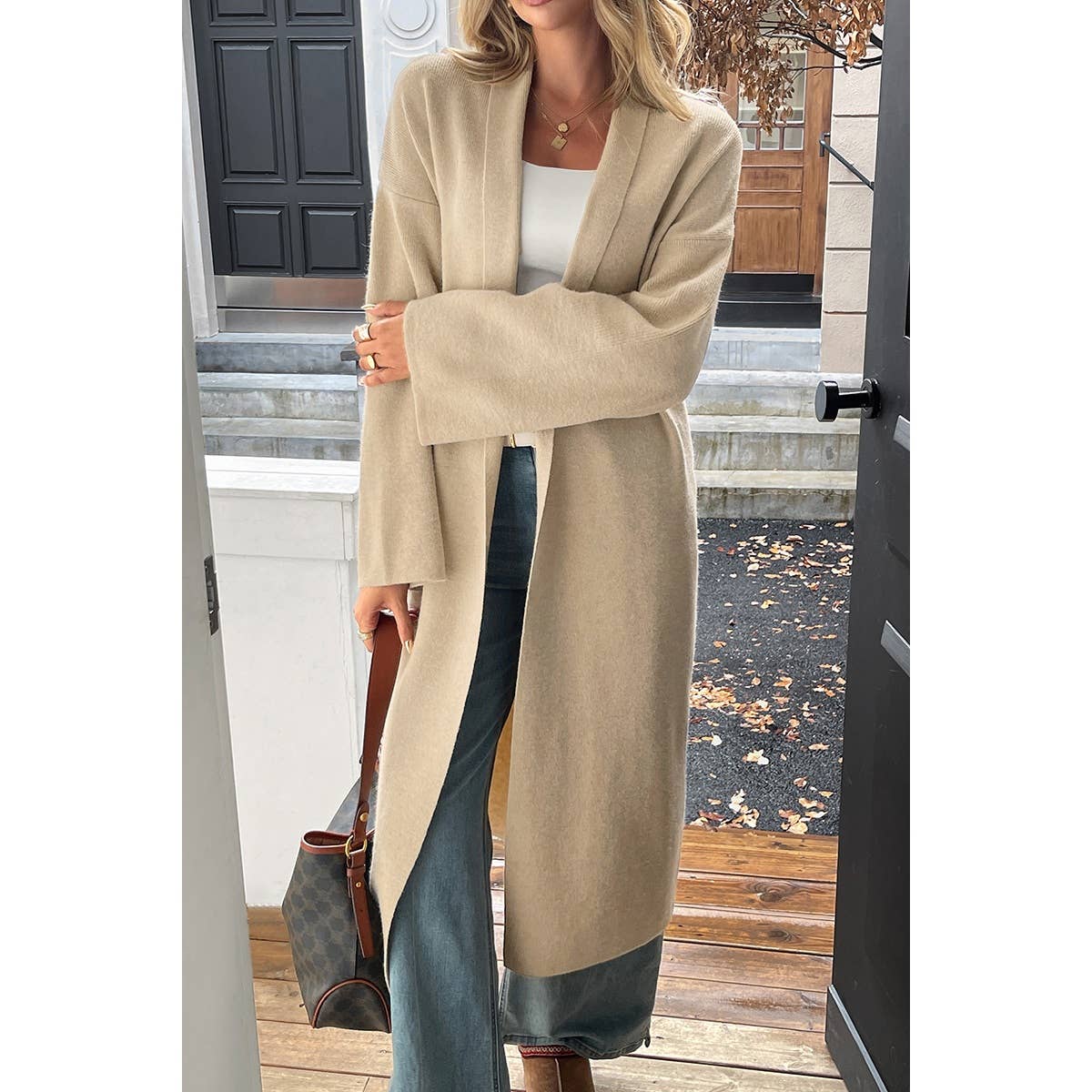 Solid Open Front Knit Long Body Cardigan: BROWN / L