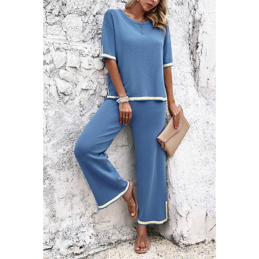 Two Pieces Outfits Knit Short Sleeve Wide Leg Lounge Sets: BLUE / M