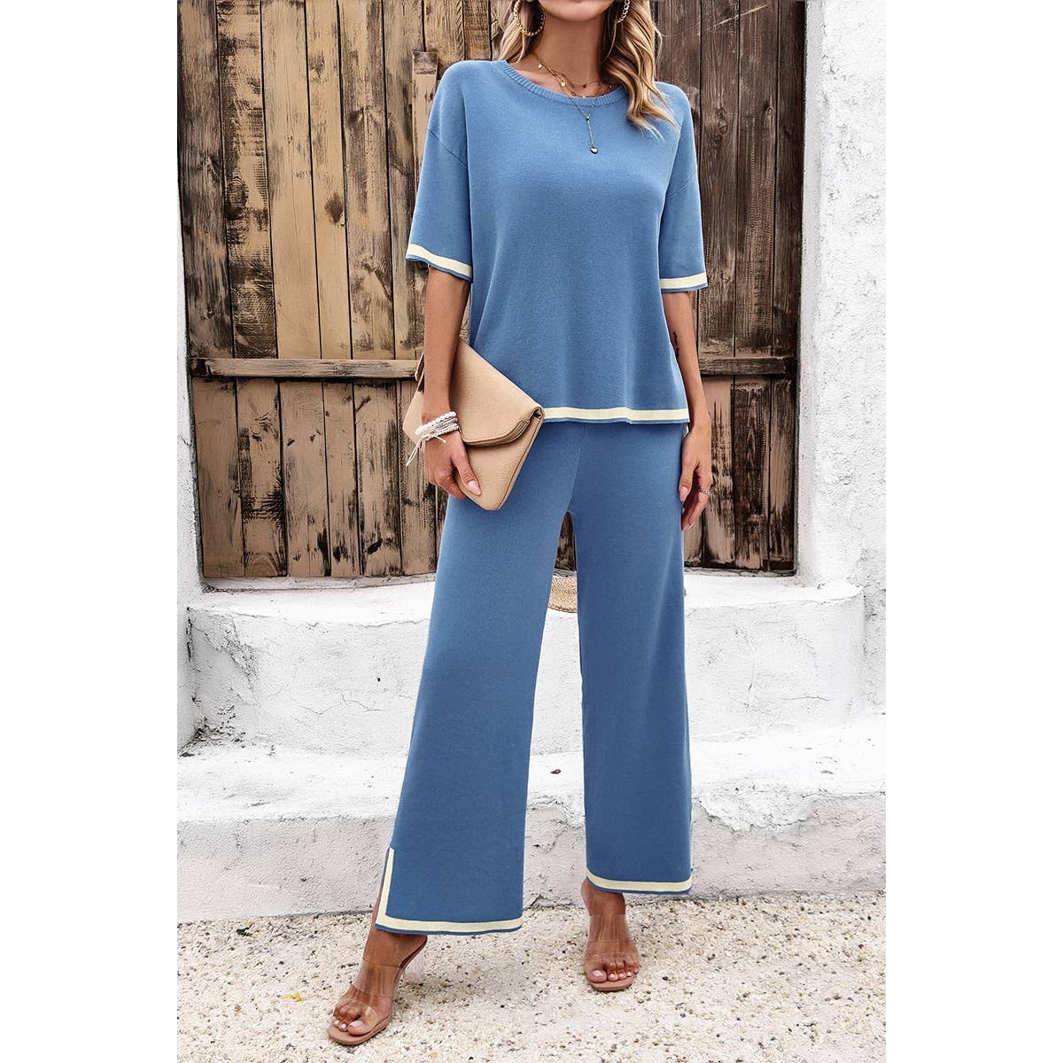Two Pieces Outfits Knit Short Sleeve Wide Leg Lounge Sets: BLUE / S