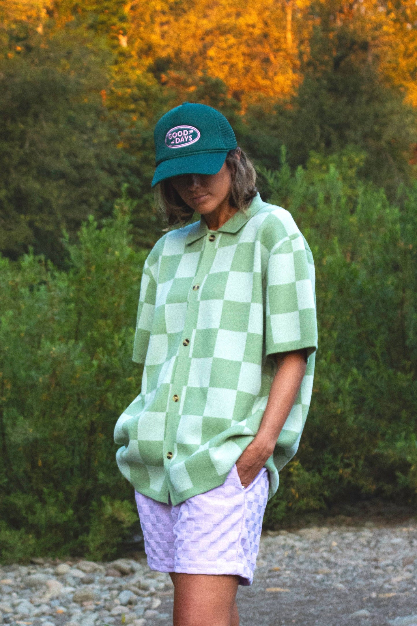Checkered Knit Jacquard Button Up - Green: XXL