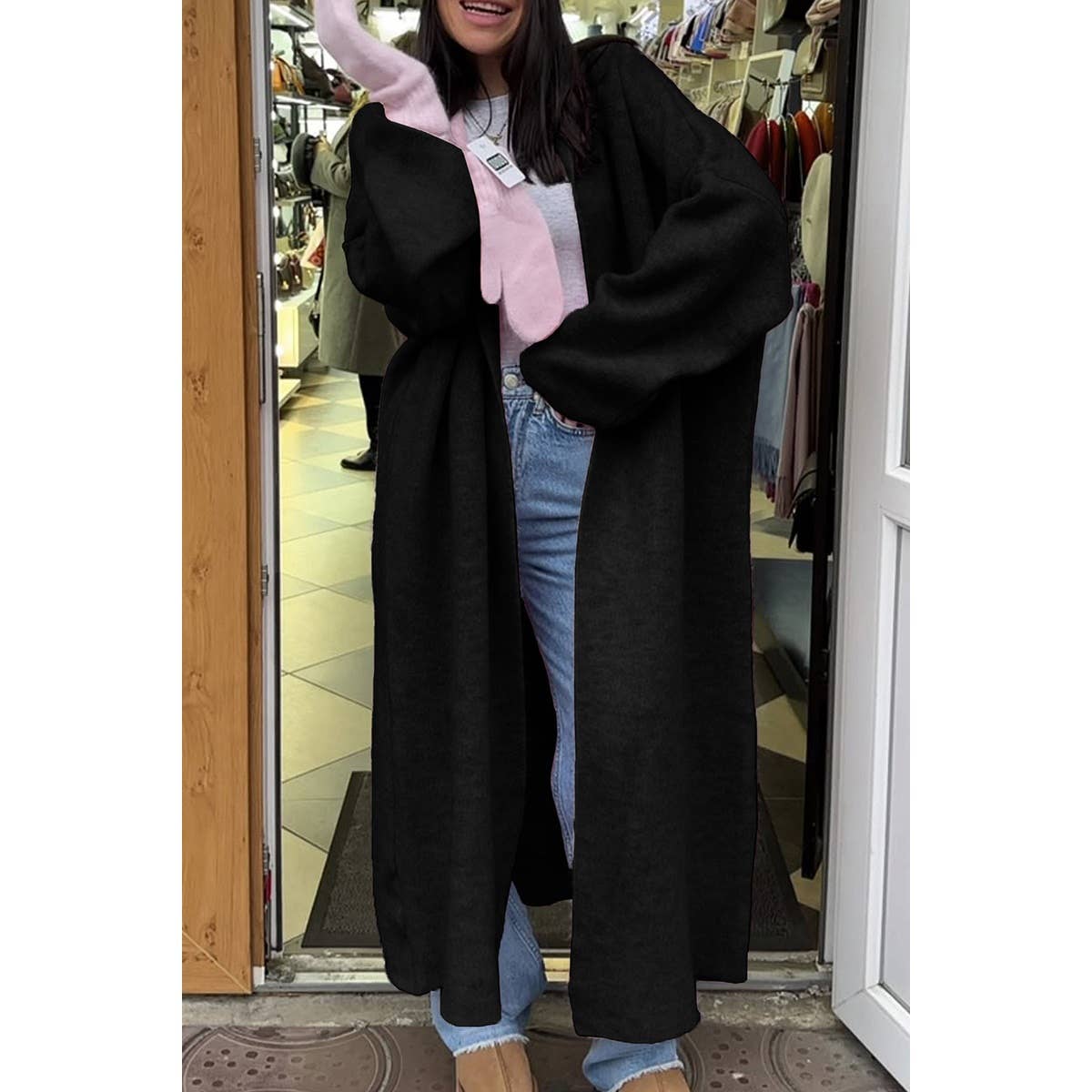 Solid Open Front Knit Long Body Cardigan: BROWN / S