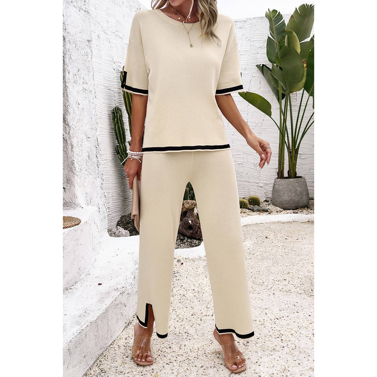 Two Pieces Outfits Knit Short Sleeve Wide Leg Lounge Sets: BLUE / L