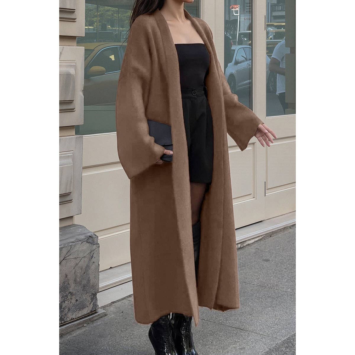 Solid Open Front Knit Long Body Cardigan: BROWN / S