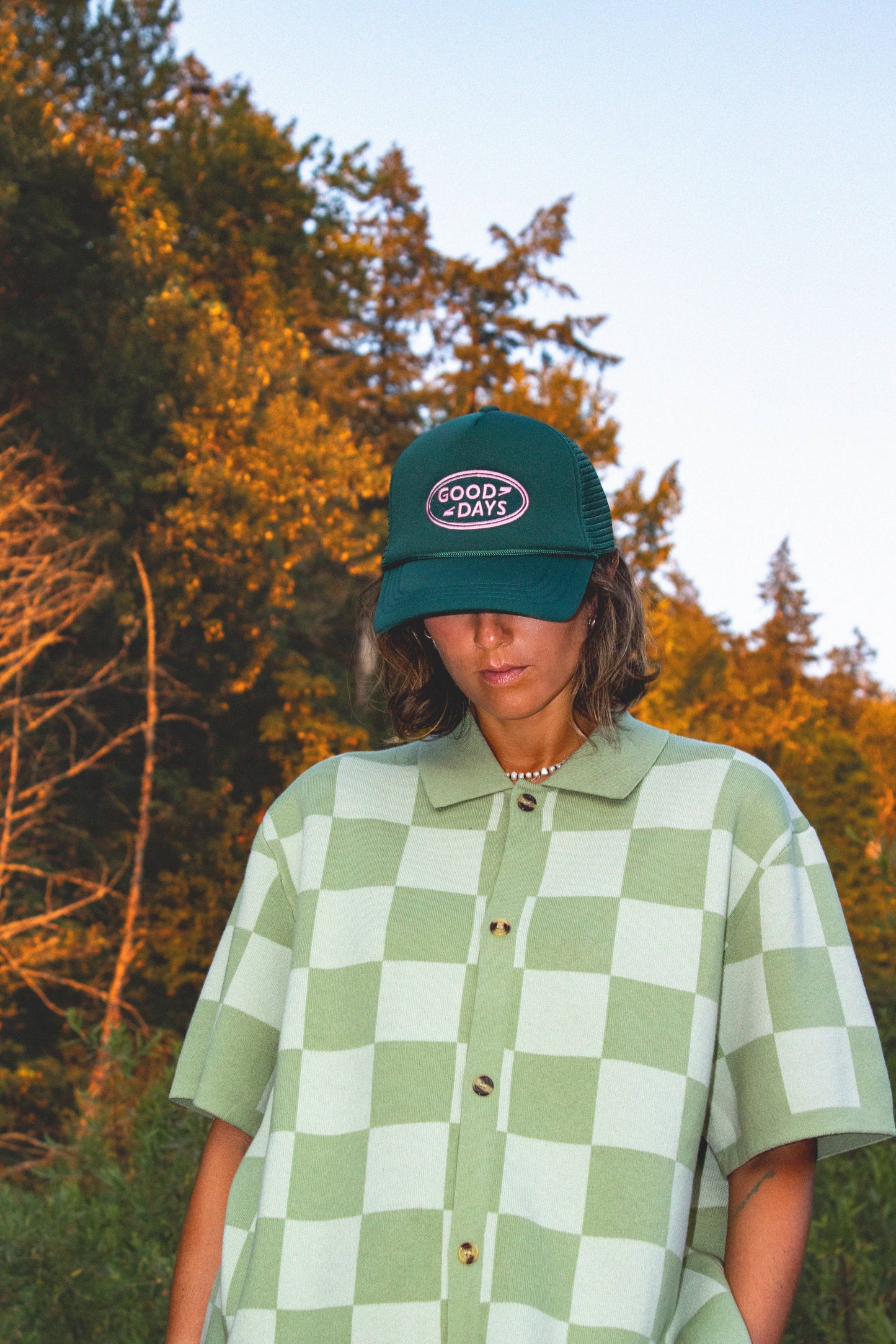 Checkered Knit Jacquard Button Up - Green: XL