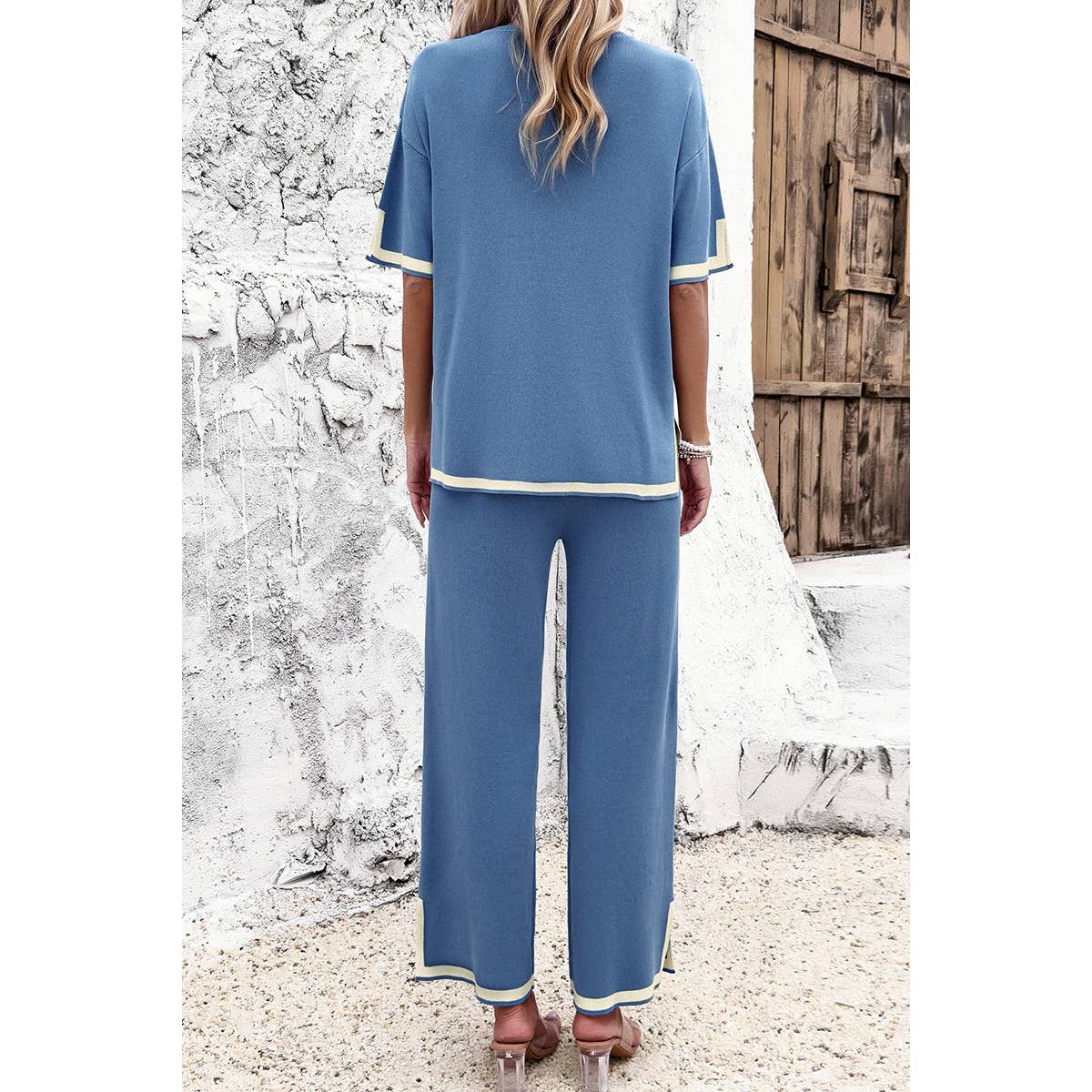 Two Pieces Outfits Knit Short Sleeve Wide Leg Lounge Sets: BLUE / M